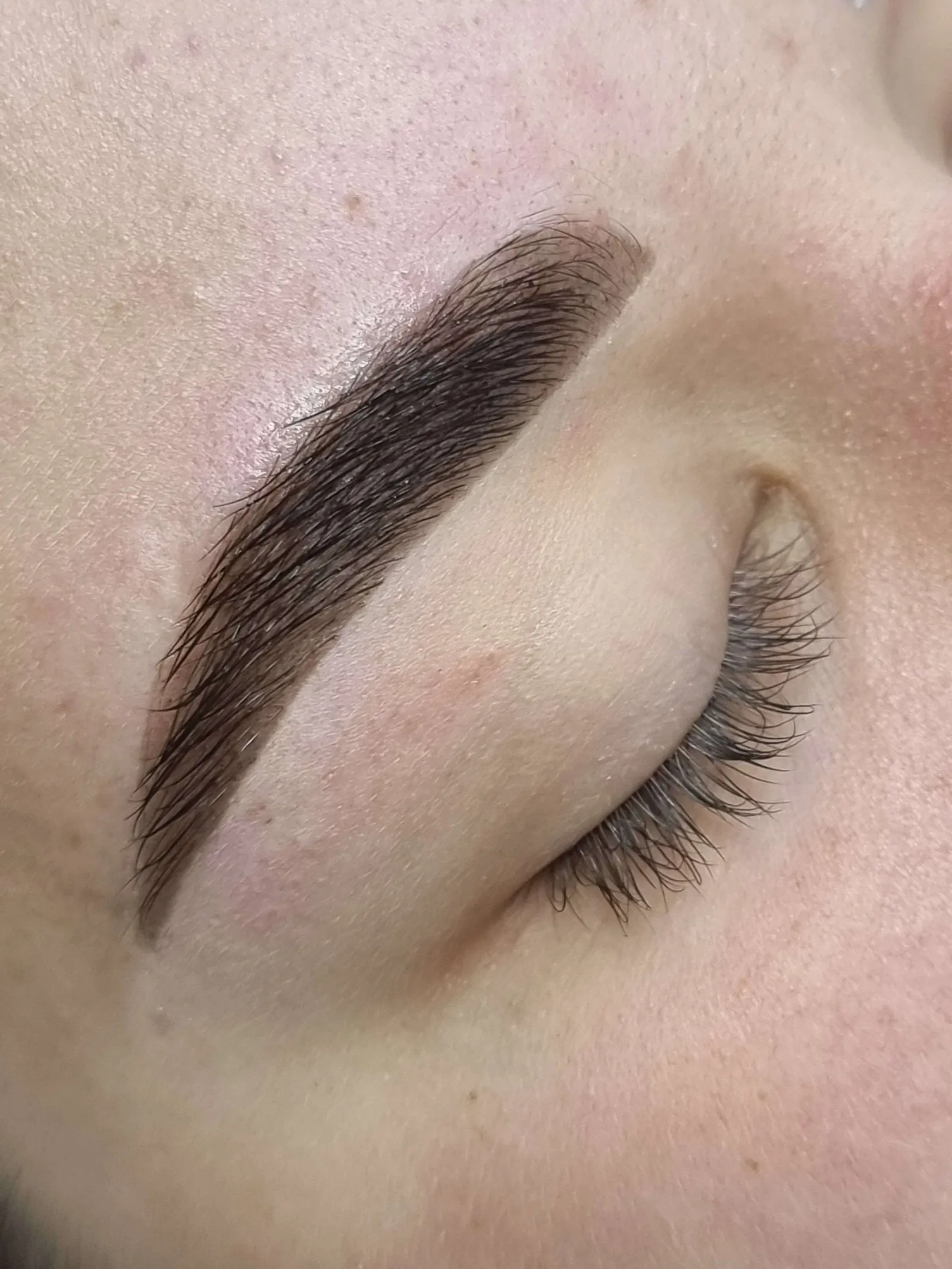Tinted brow and lifted lashes photographed with the eye closed