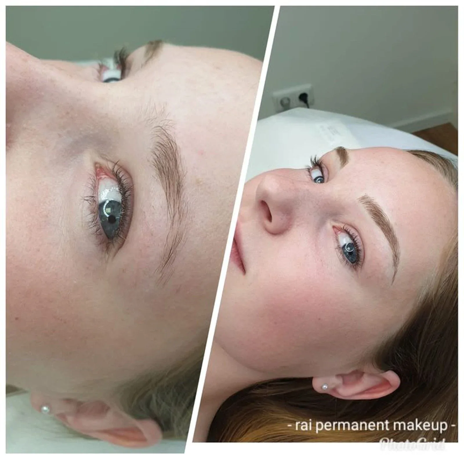 Before and after permanent makeup brows, from sparse natural hair to a defined shape