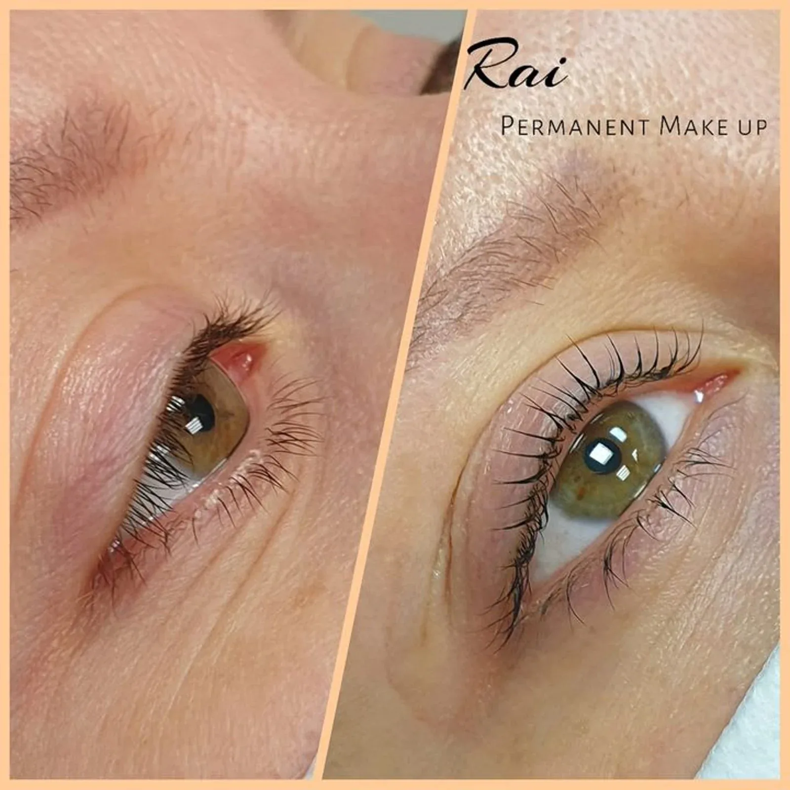 Before and after a lash lift, showing straight lashes opened up into a curl