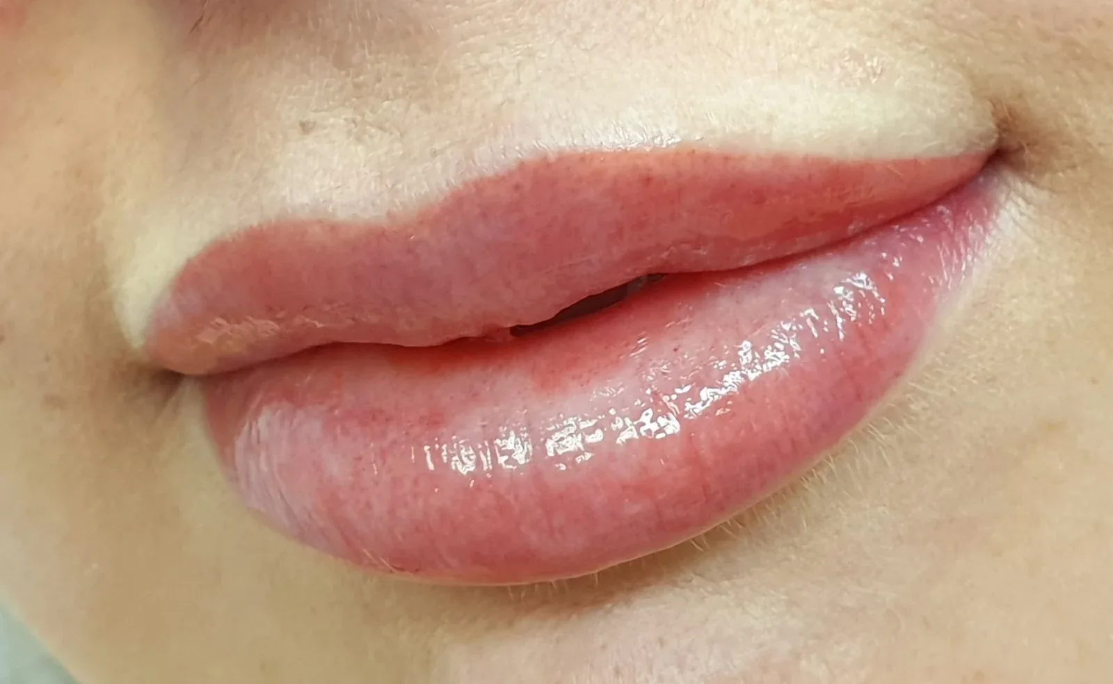Lip blush permanent makeup in a soft natural pink, giving a subtle tint and defined border