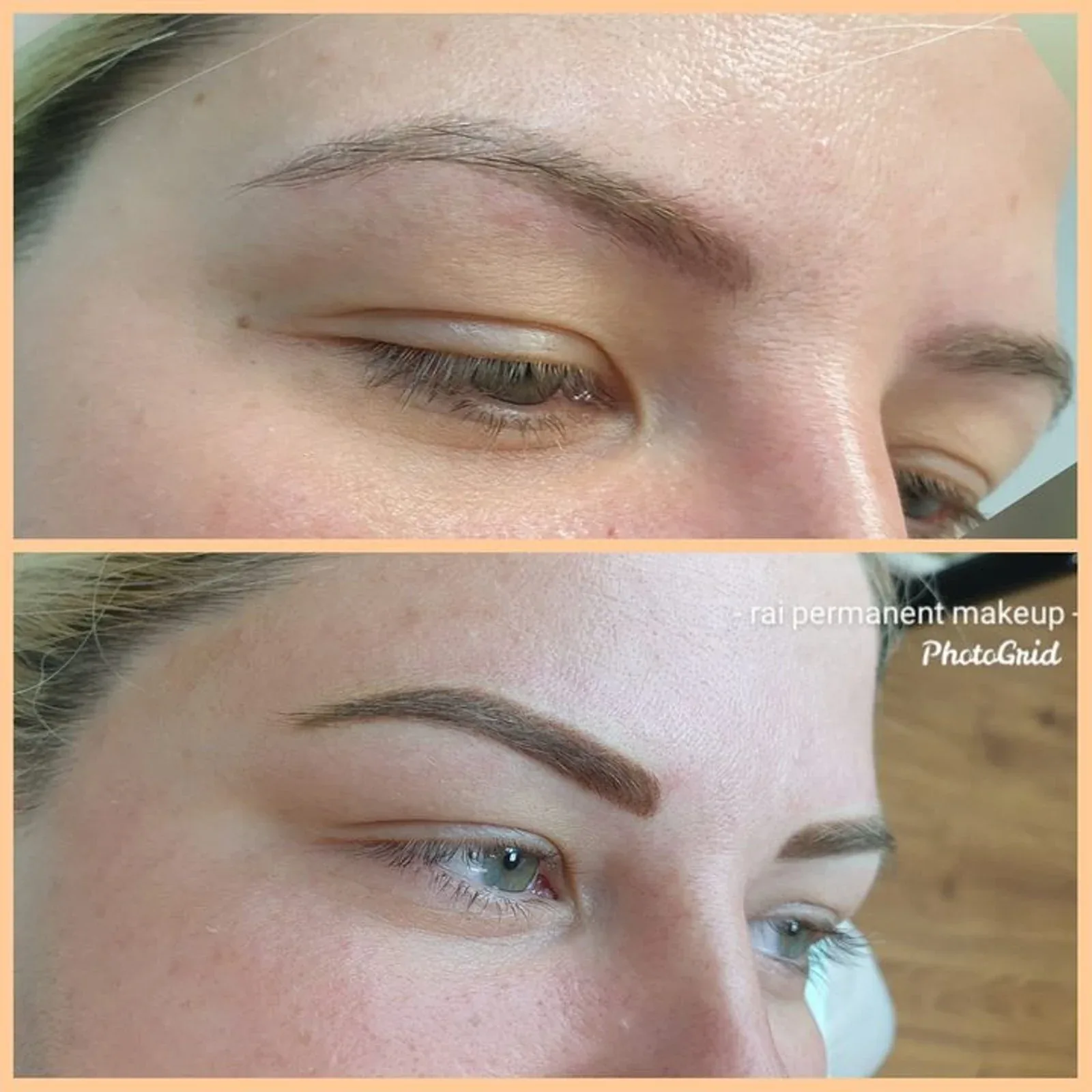 Before and after powder brows, showing added depth and a cleaner outline