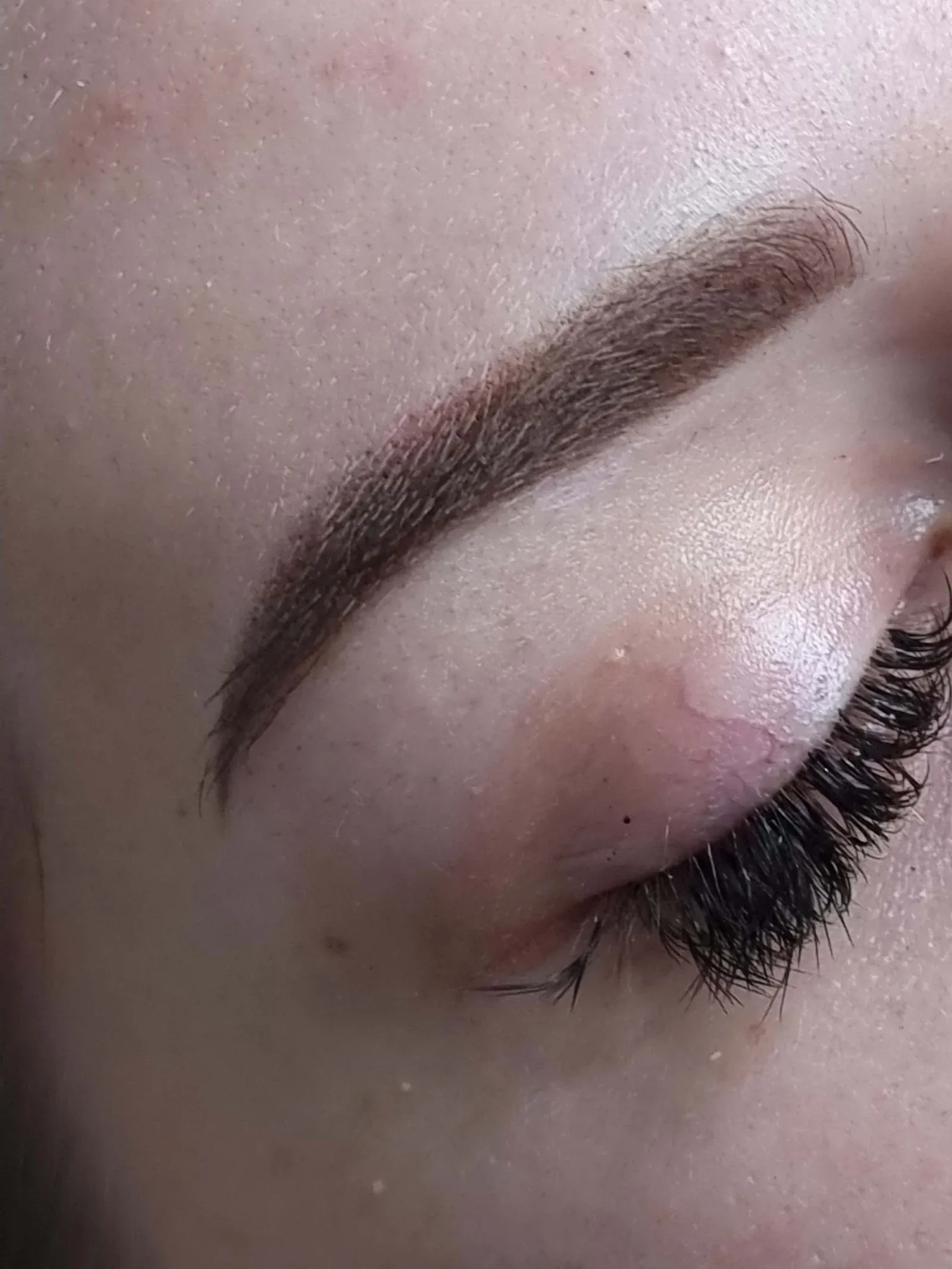 Close-up of a deep brown powder brow with a fine tapered tail