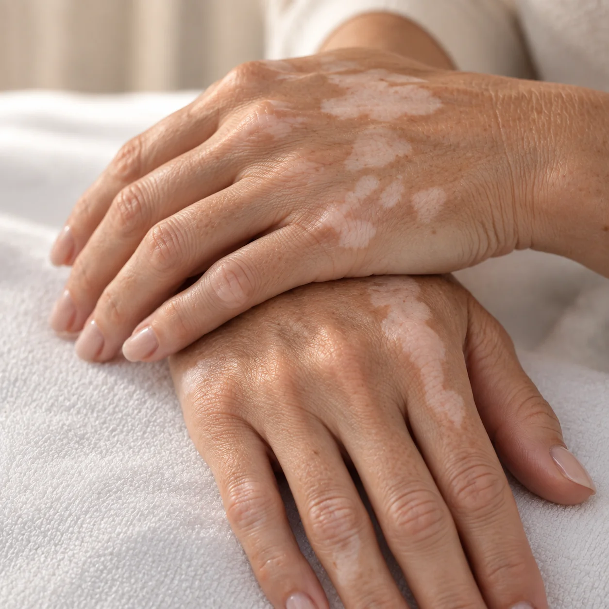 Close-up of skin during vitiligo camouflage colour matching